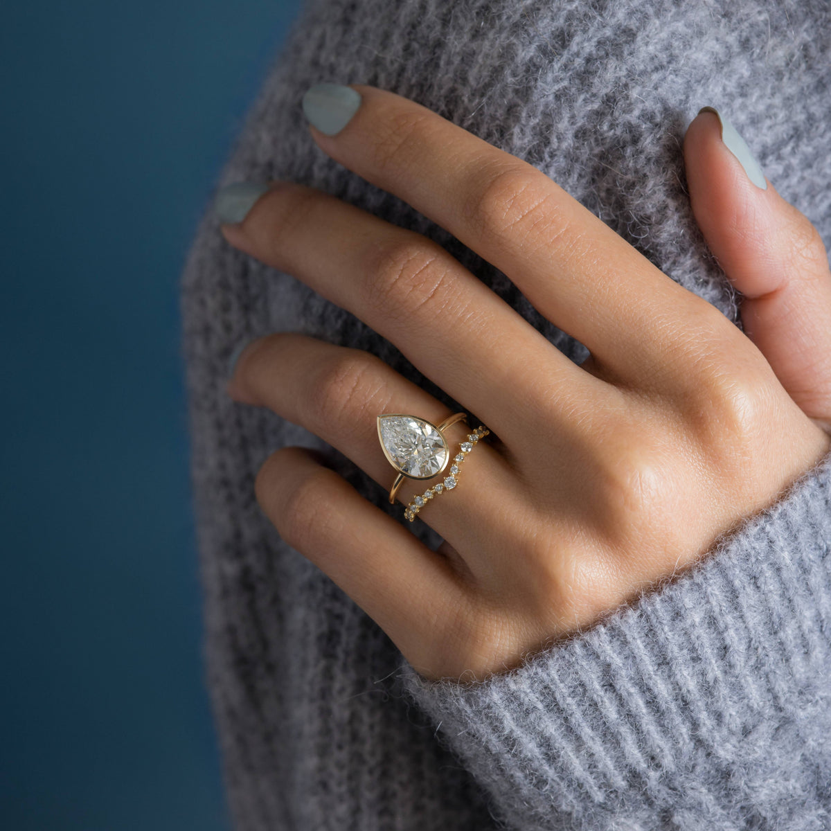Solitaire Bezel with Hidden Stones-Pear Lab Grown Diamond Engagement Ring