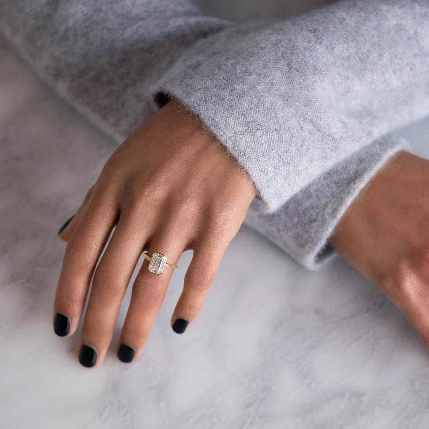 Bezel Knife Edge with Hidden Stones-Emerald Lab Grown Diamond Engagement Ring