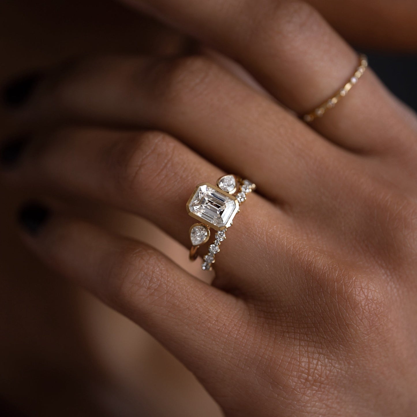 Bezel Three Stone-Emerald Lab Grown Diamond Engagement Ring
