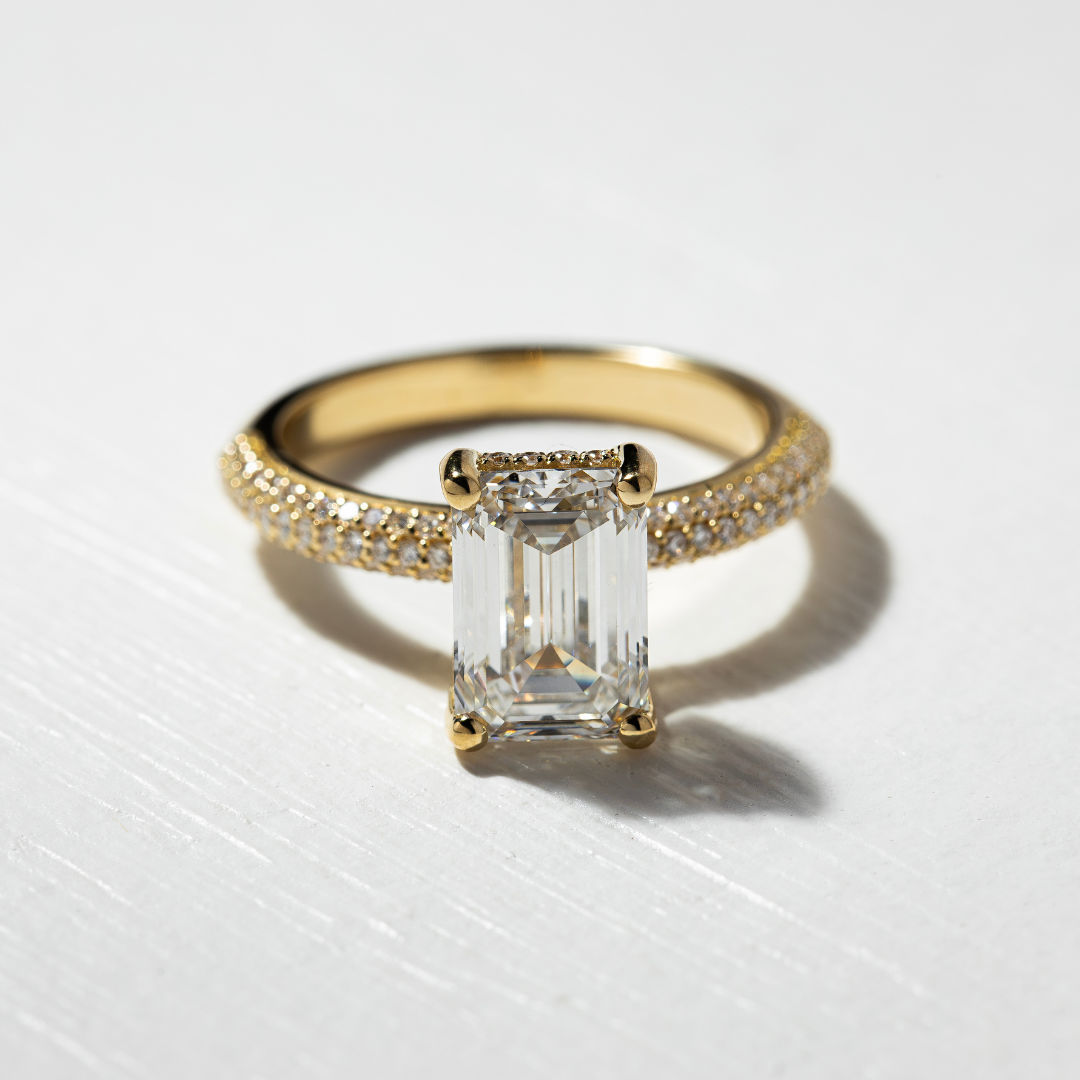 Hidden Halo & Triple Pave-Emerald Lab Grown Diamond Engagement Ring