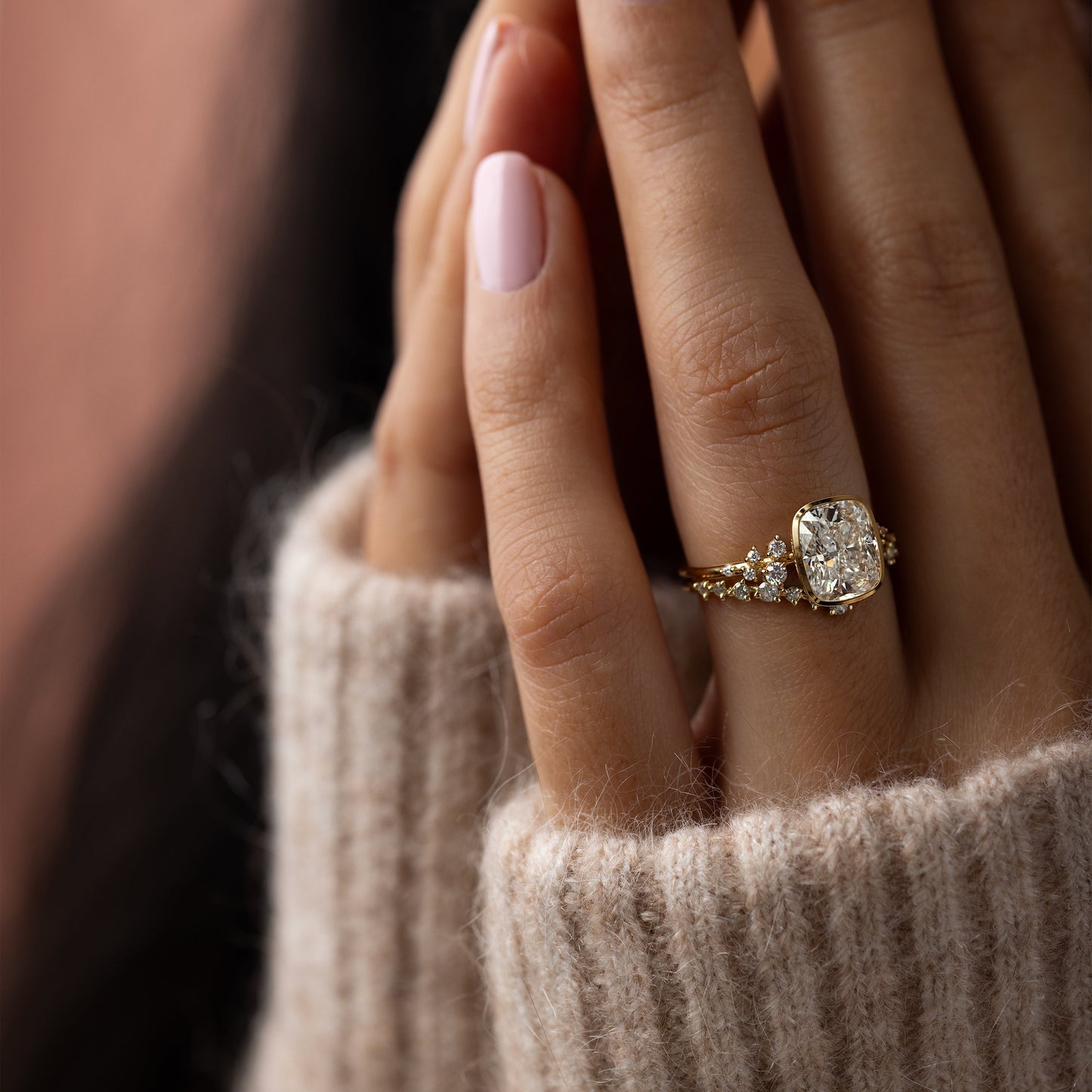Cluster & Bezel-Elongated Cushion Lab Grown Diamond Engagement Ring
