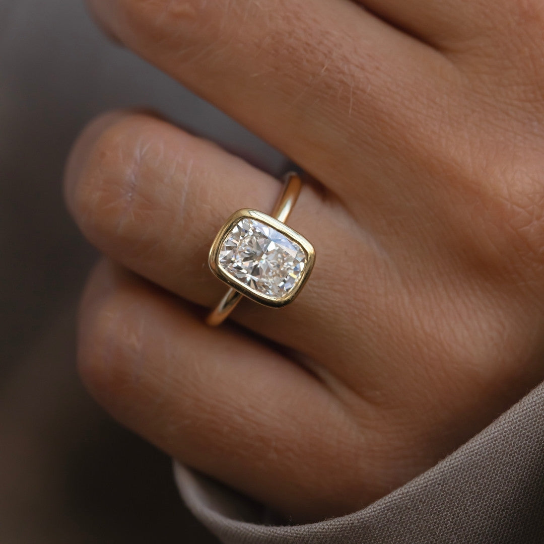 Solitaire Bezel-Elongated Cushion Lab Grown Diamond Engagement Ring