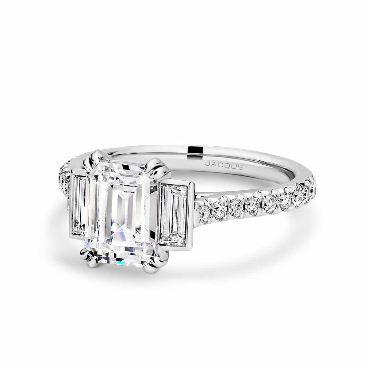 Three Stone & Pave-Emerald Lab Grown Diamond Engagement Ring