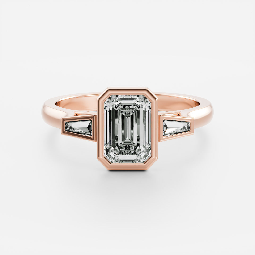 Three Stone & Bezel Cathedral-Emerald Lab Grown Diamond Engagement Ring