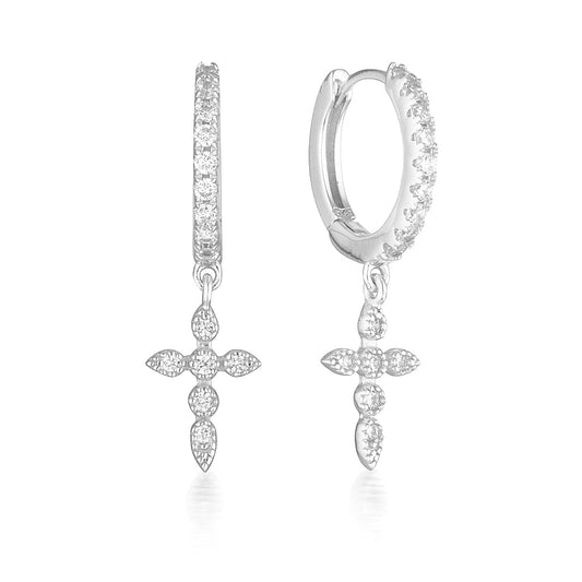 0.30 TCW Round Lab-Grown Diamond Cross Gold Hoop Earrings 2