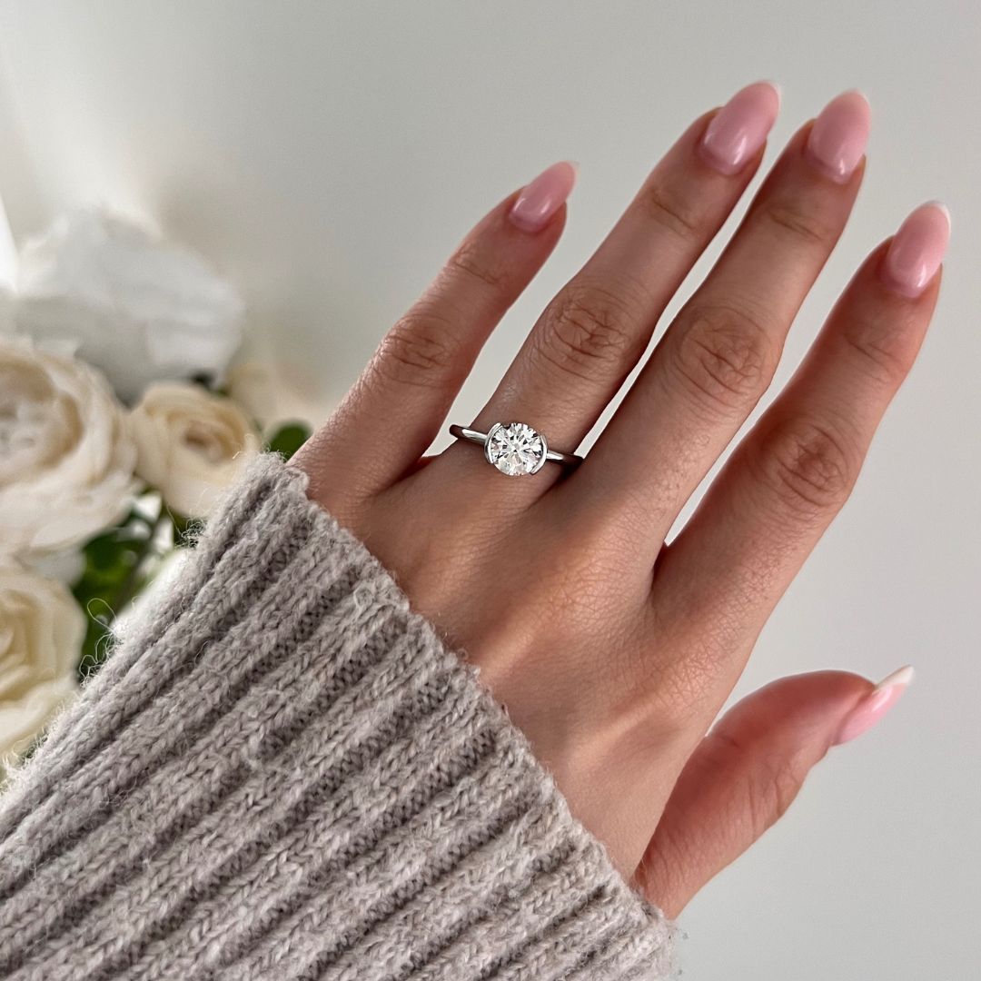 Solitaire & Half Bezel-Round Lab Grown Diamond Engagement Ring
