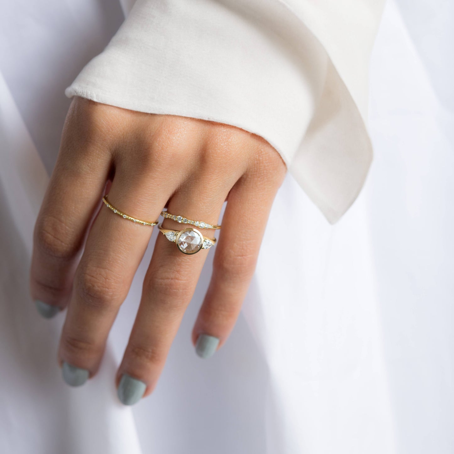 Bezel & Three Stone-Rose Cut Lab Grown Diamond Engagement Ring