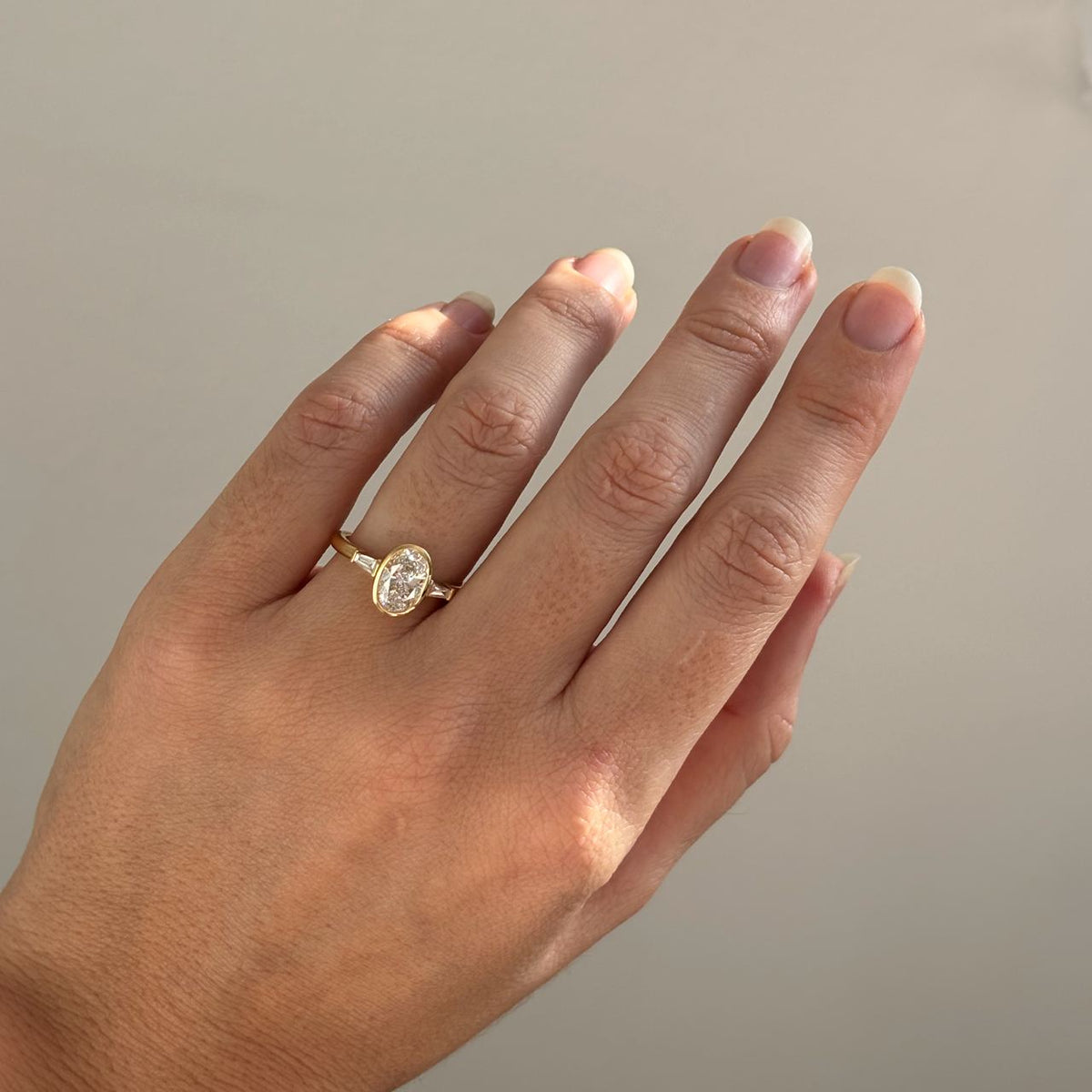 Bezel & Three Stone-Oval Lab Grown Diamond Engagement Ring