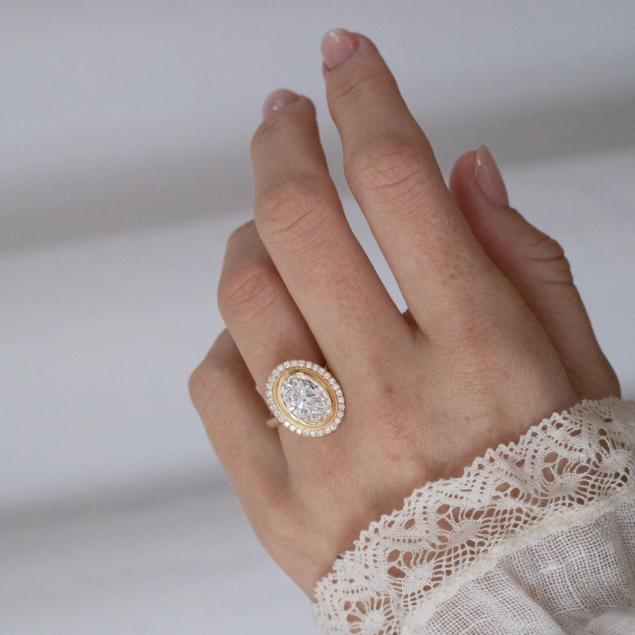 Bezel Halo & Milgrain-Oval Lab Grown Diamond Engagement Ring