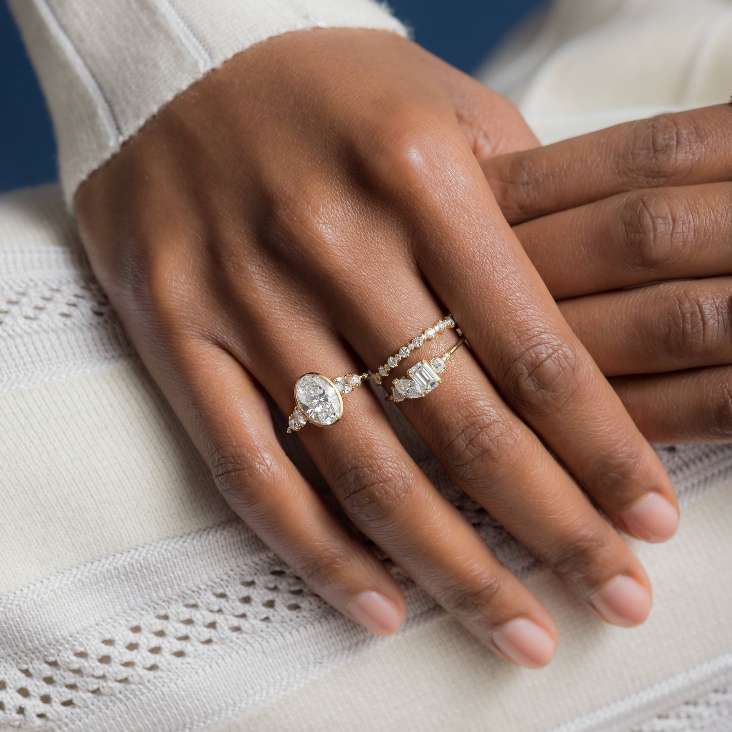 Bezel Five Stones & Dainty Pave-Oval Lab Grown Diamond Engagement Ring