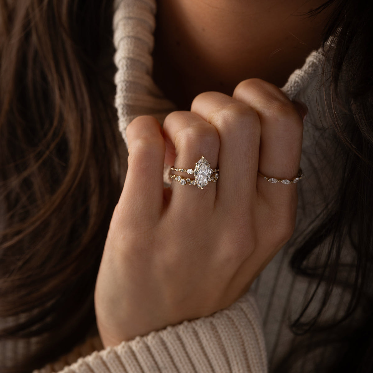Three Stone & Pave-Marquise Lab Grown Diamond Engagement Ring