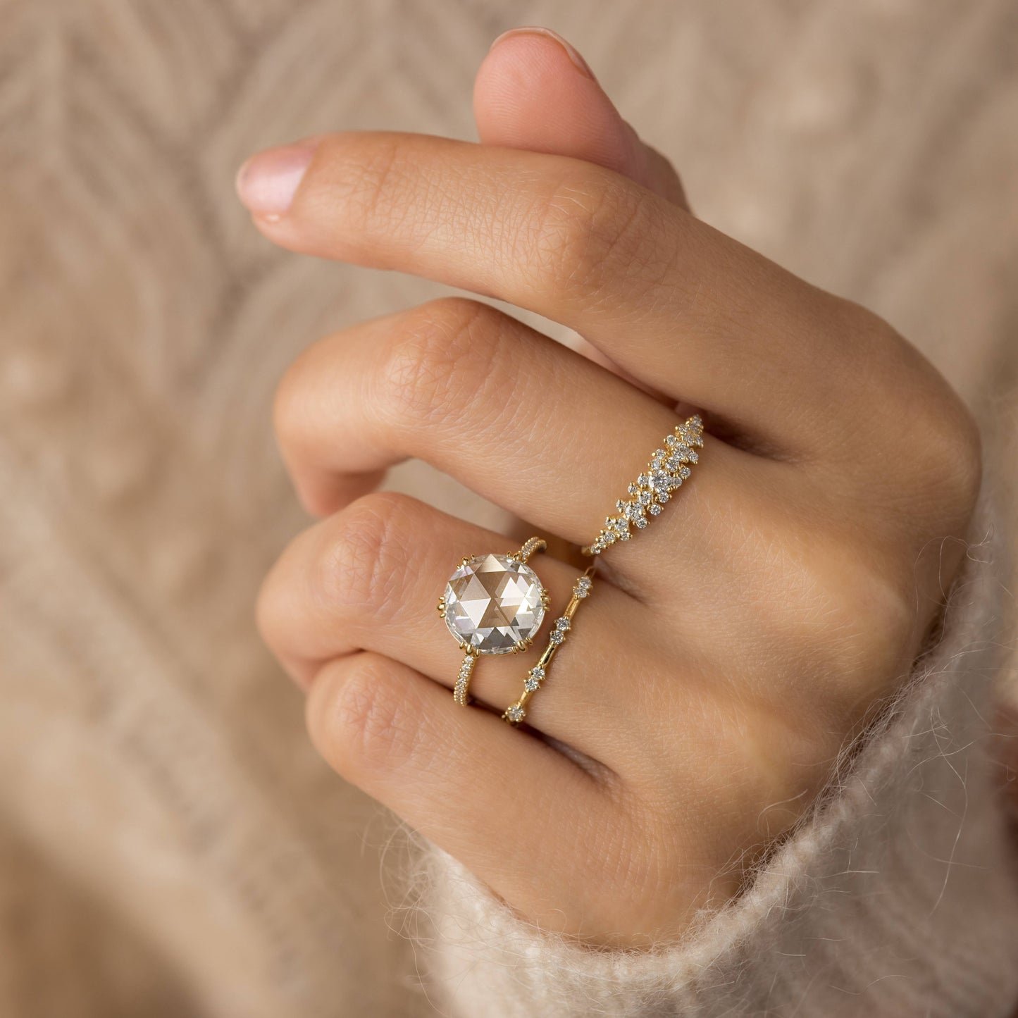 Pave-Rose Cut Lab Grown Diamond Engagement Ring
