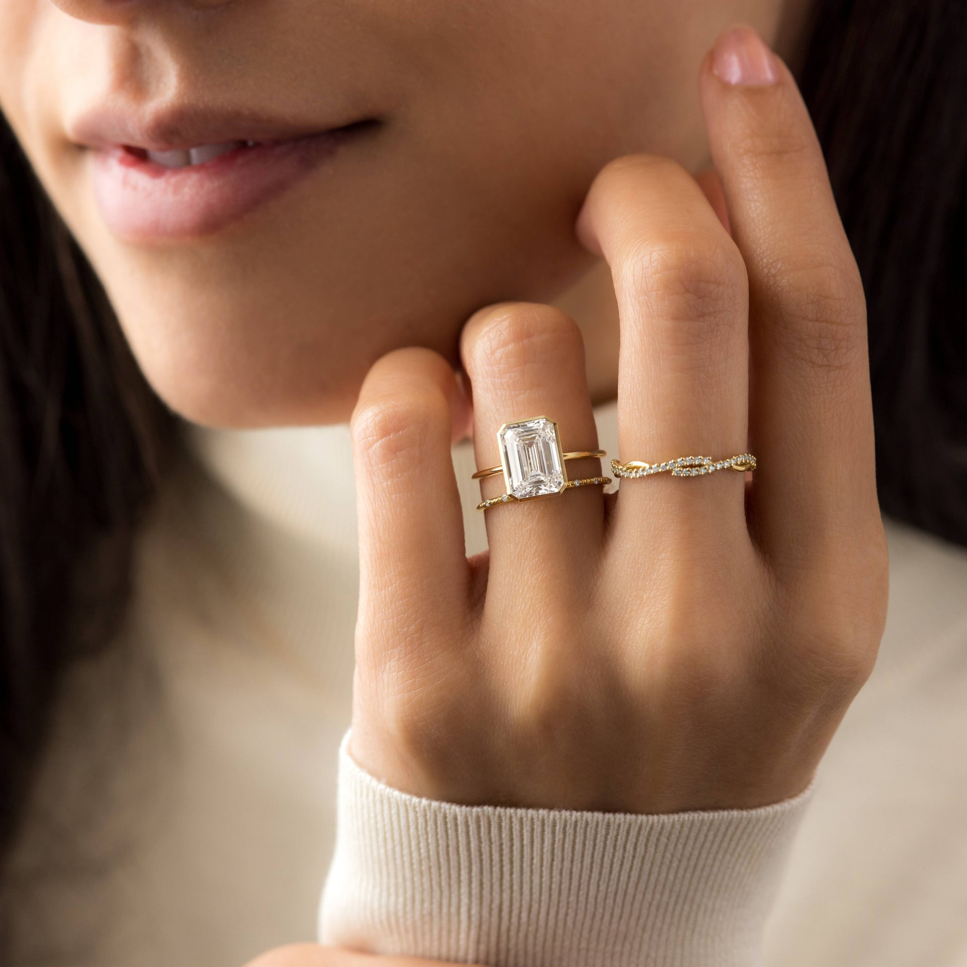 Solitaire Bezel with Hidden Stone-Emerald Lab Grown Diamond Engagement Ring