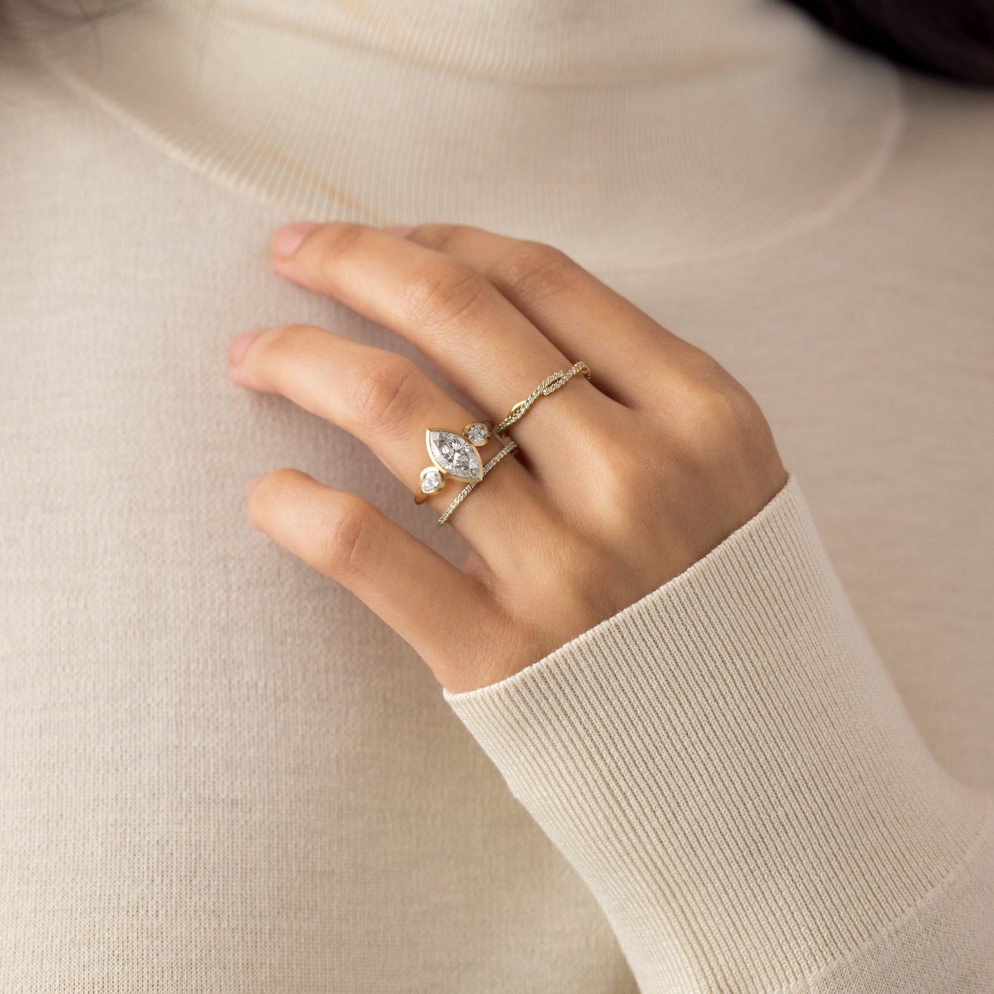 Three Stone & Bezel- Marquise Lab Grown Diamond Engagement Ring