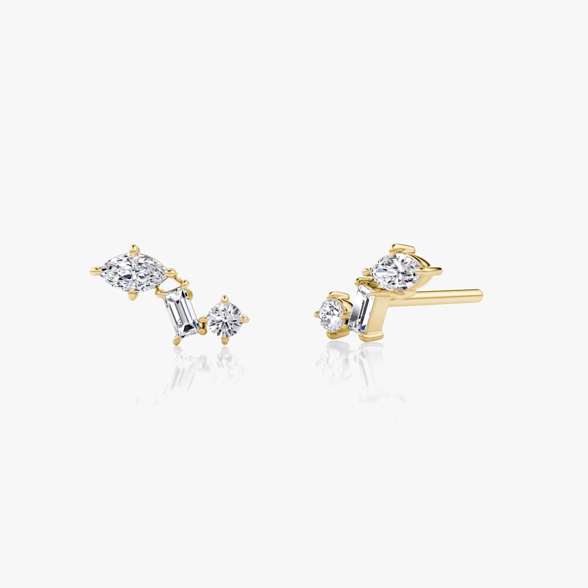 Three Stone- 0.19 CT Round, Baguette & Marquise Moissanite Stud Earrings
