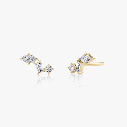 Three Stone- 0.19 CT Round, Baguette & Marquise Moissanite Stud Earrings