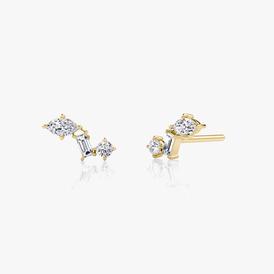 Three Stone- 0.19 CT Round, Baguette & Marquise Moissanite Stud Earrings