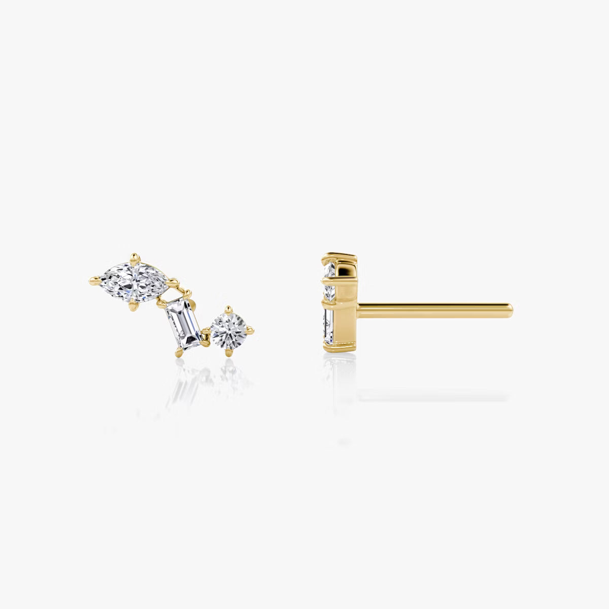 Three Stone- 0.19 CT Round, Baguette & Marquise Moissanite Stud Earrings