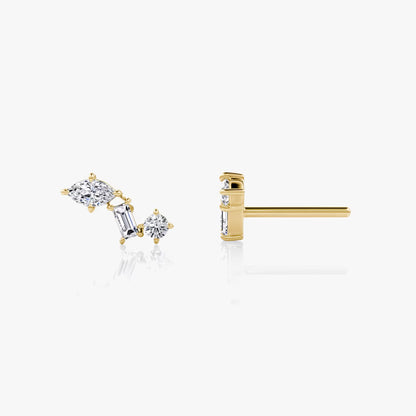 Three Stone- 0.19 CT Round, Baguette & Marquise Moissanite Stud Earrings