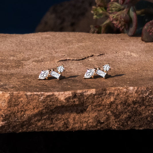 Three Stone- 0.19 CT Round, Baguette & Marquise Moissanite Stud Earrings