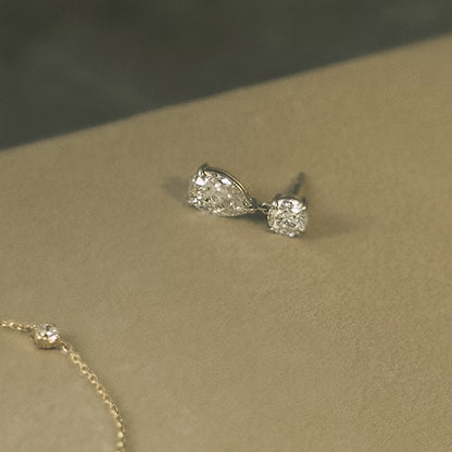 Two Stone- 3.0 CT Pear & Round Moissanite Stud Earrings