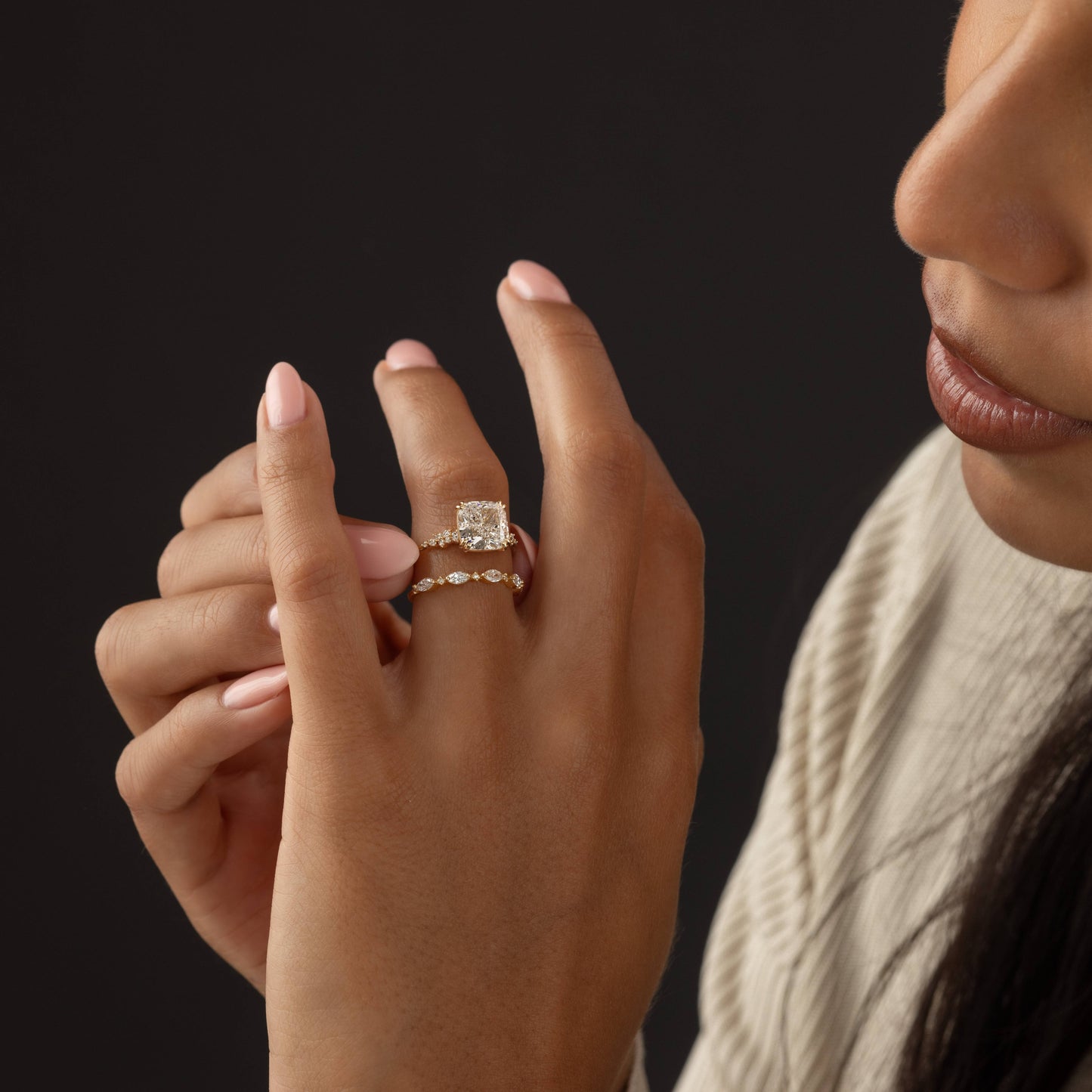 Cluster & Double Prong-Cushion Lab Grown Diamond Engagement Ring