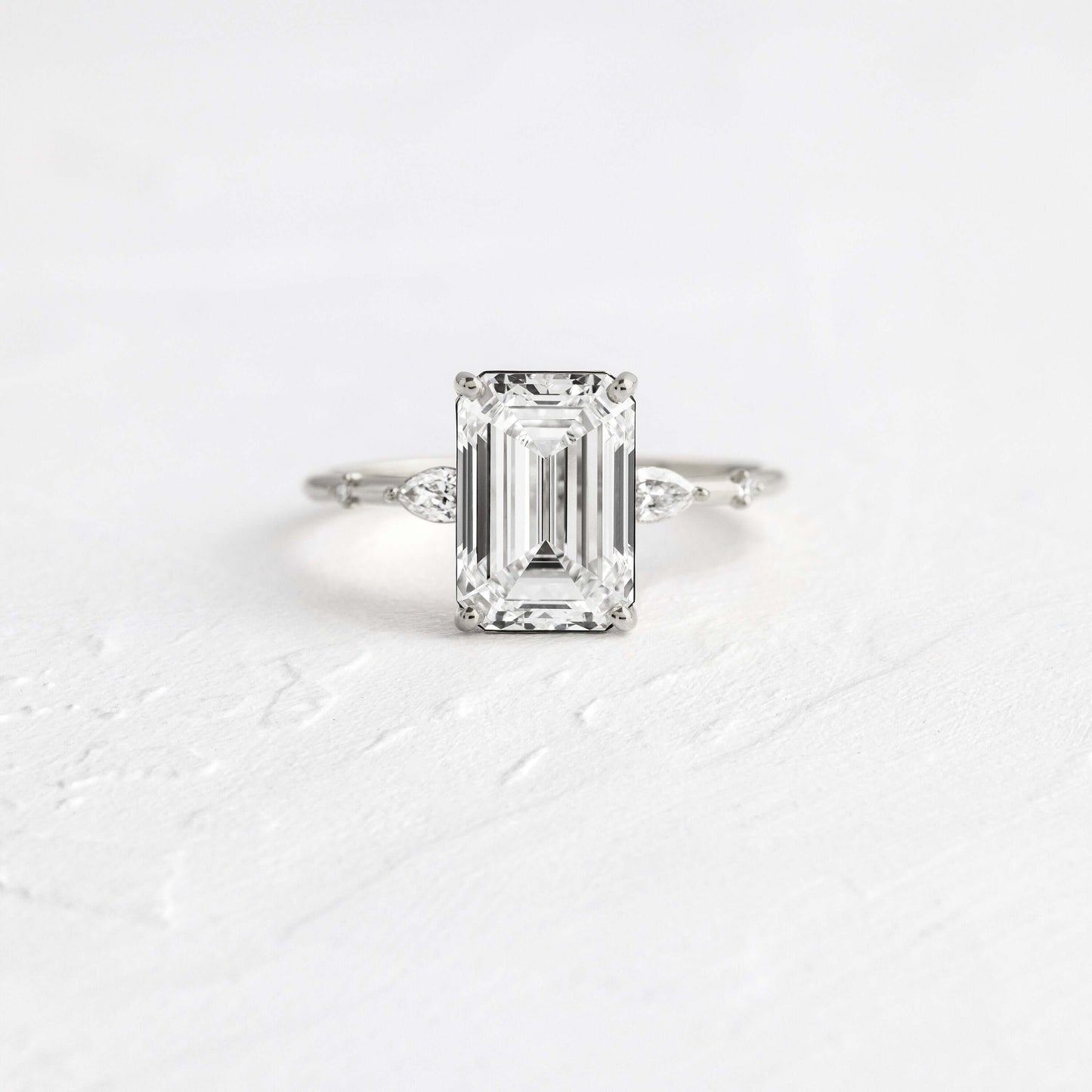 Three Stone Dainty Style-Emerald Lab Grown Diamond Engagement Ring