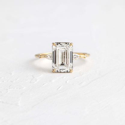 Three Stone Dainty Style-Emerald Lab Grown Diamond Engagement Ring