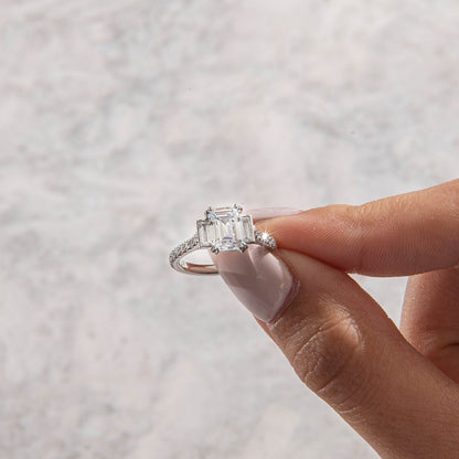 Three Stone & Pave-Emerald Lab Grown Diamond Engagement Ring