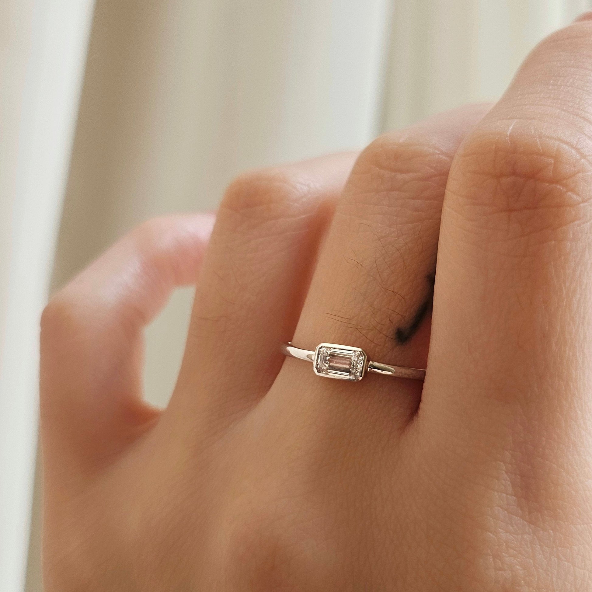 East West Solitaire Bezel-0.3 CT Emerald Lab Grown Diamond Engagement Ring
