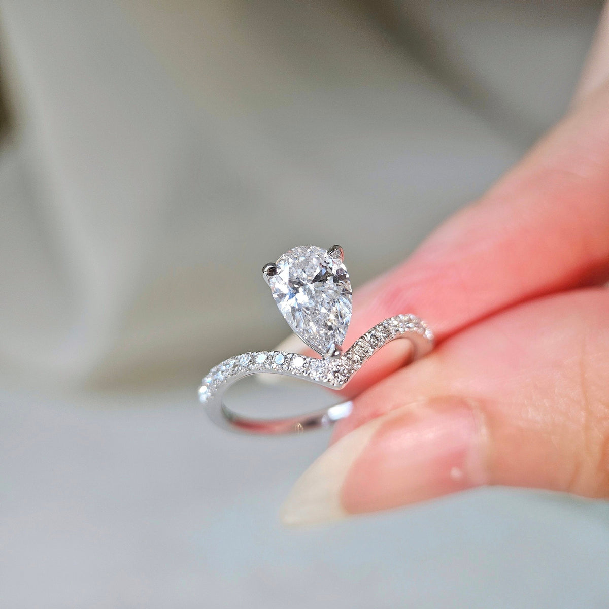 Curved Pave-1.35 CT Pear Lab Grown Diamond Engagement Ring