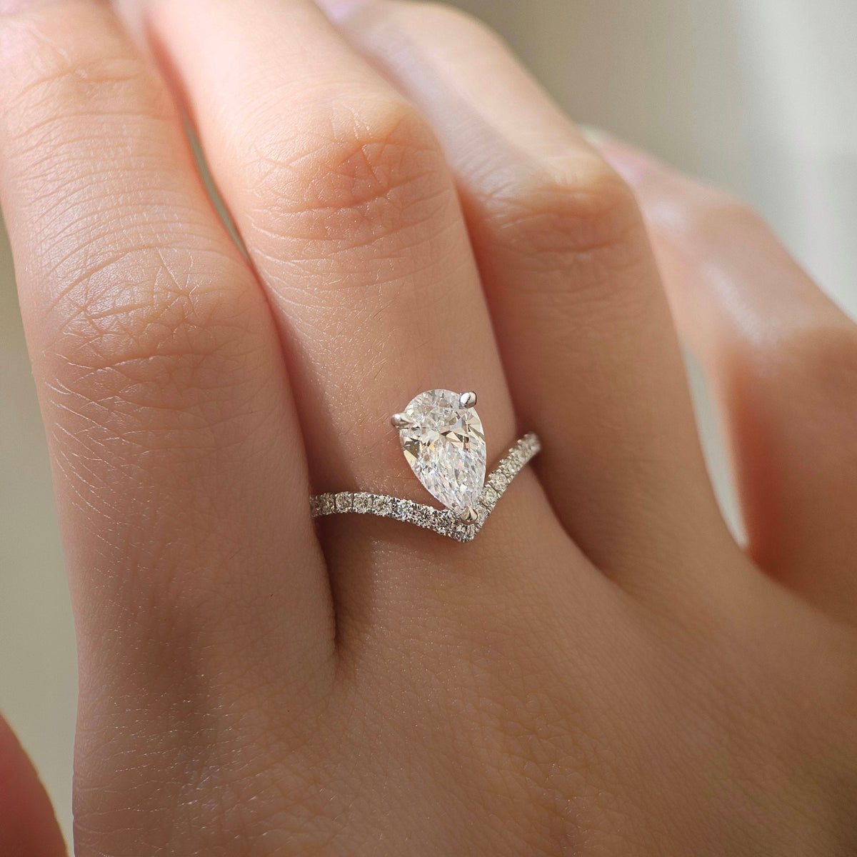 Curved Pave-1.35 CT Pear Lab Grown Diamond Engagement Ring
