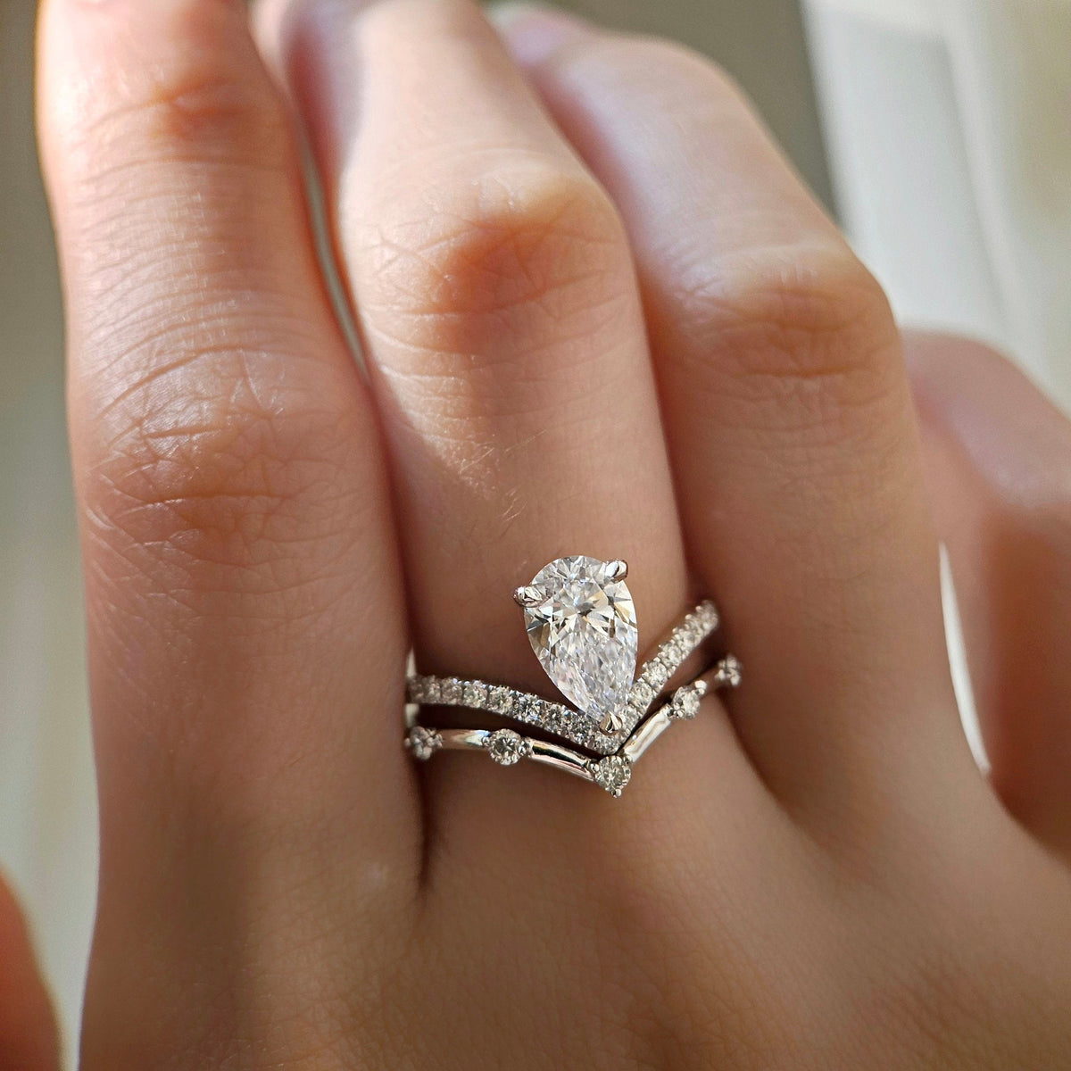 Curved Pave-1.35 CT Pear Lab Grown Diamond Engagement Ring
