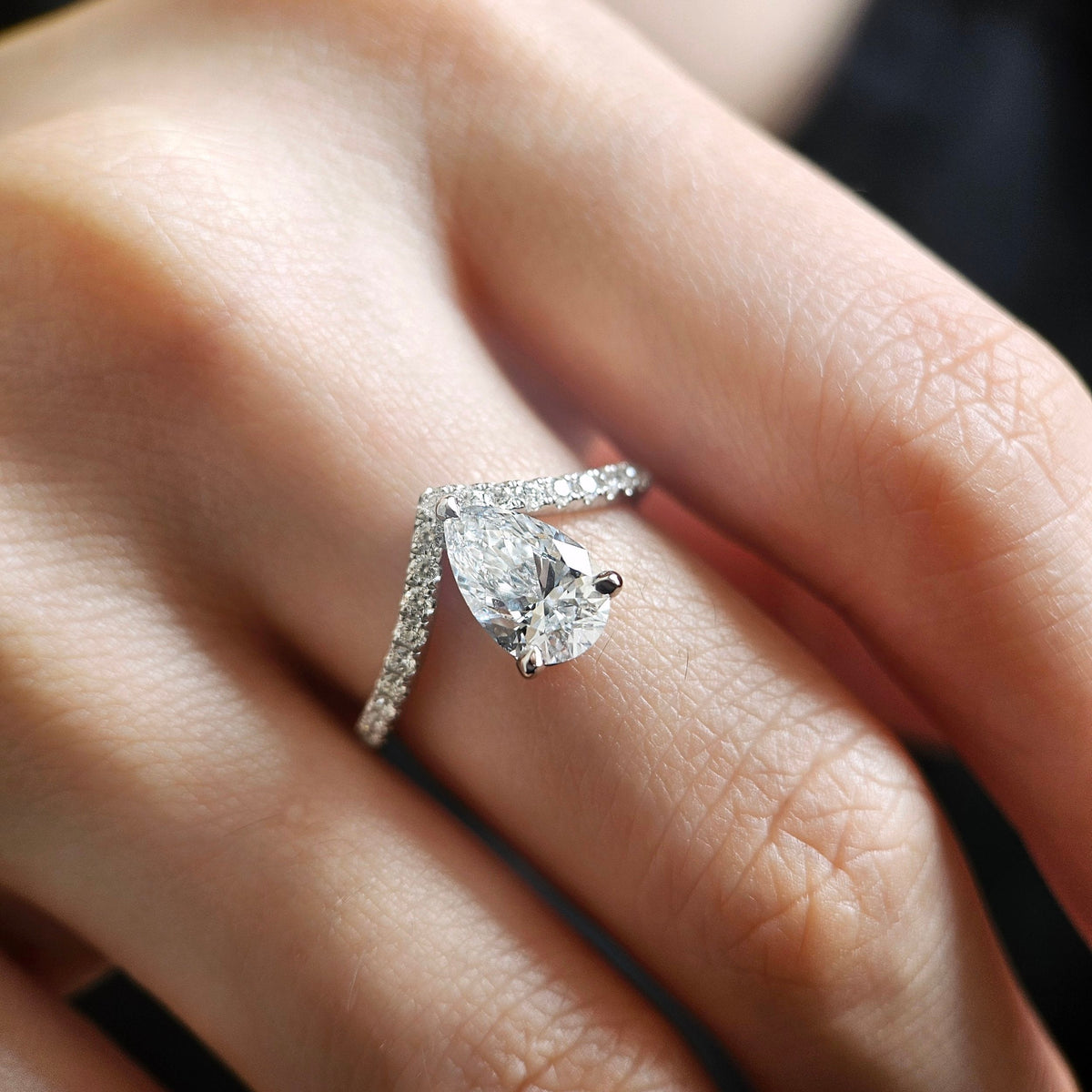 Curved Pave-1.35 CT Pear Lab Grown Diamond Engagement Ring