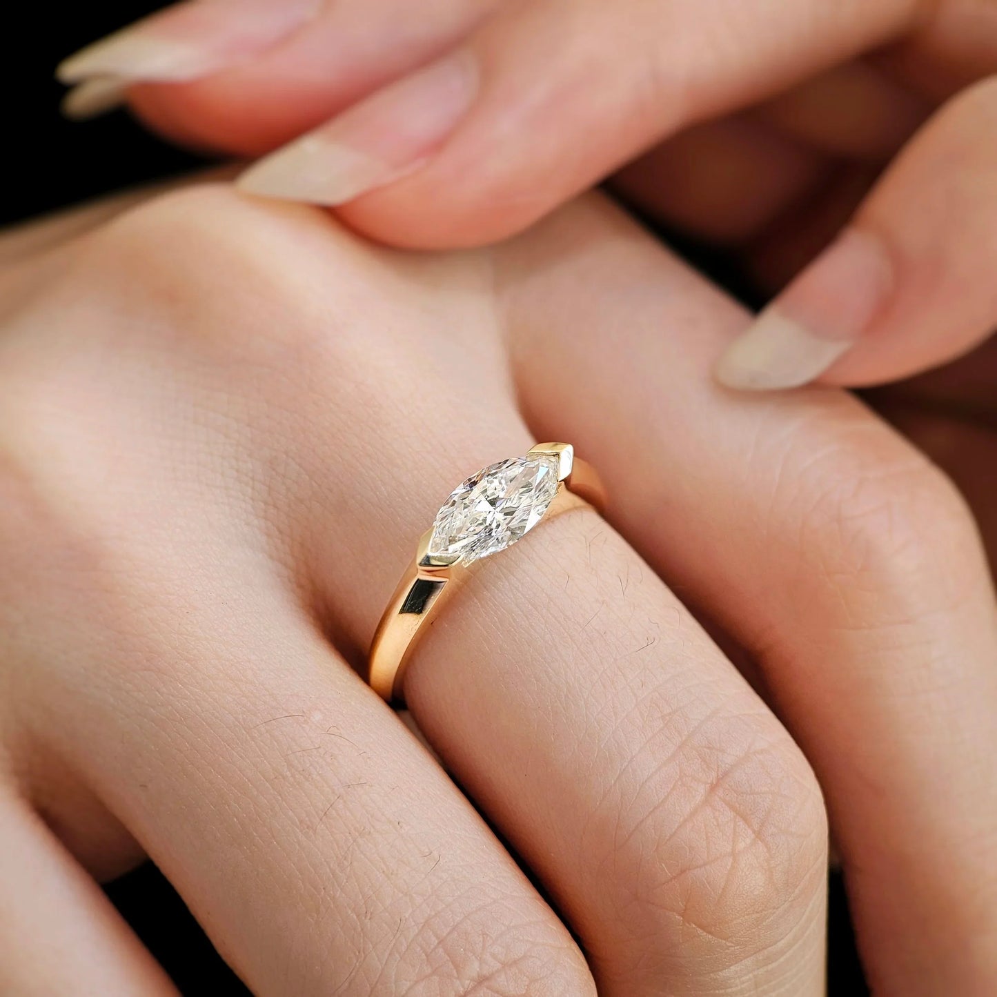 East West Solitaire Half Bezel-1.0 CT Marquise Lab Grown Diamond Engagement Ring