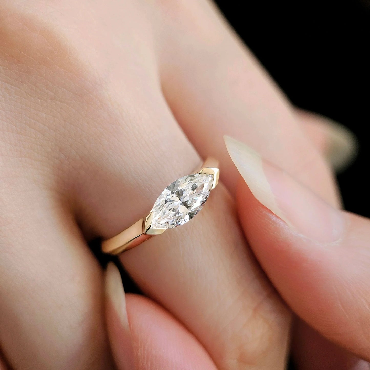 East West Solitaire Half Bezel-1.0 CT Marquise Lab Grown Diamond Engagement Ring
