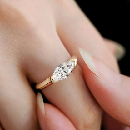 East West Solitaire Half Bezel-1.0 CT Marquise Lab Grown Diamond Engagement Ring