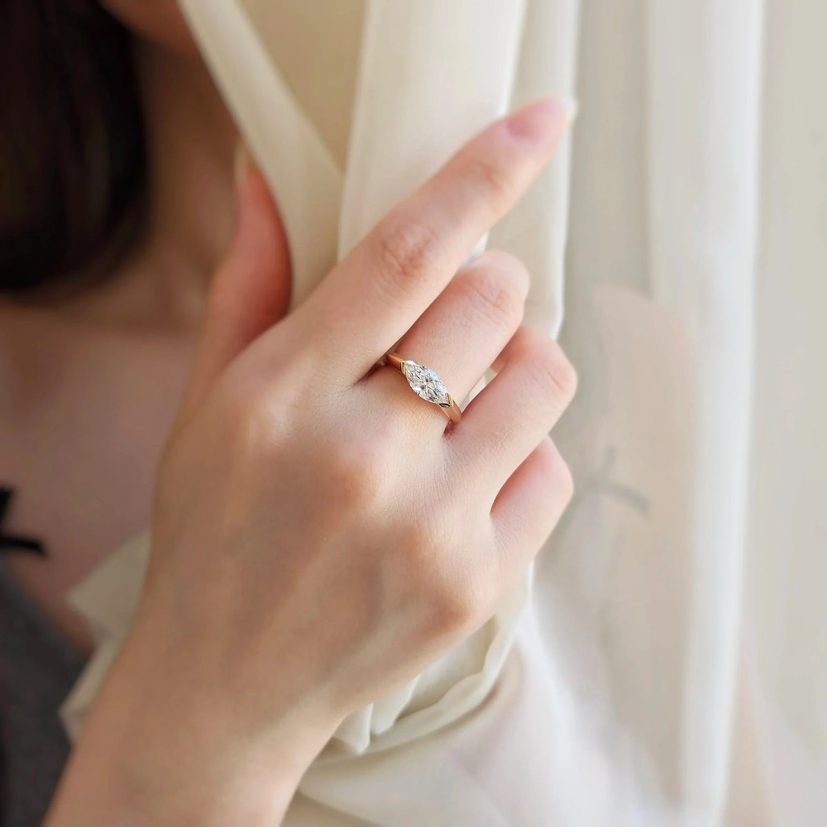 East West Solitaire Half Bezel-1.0 CT Marquise Lab Grown Diamond Engagement Ring