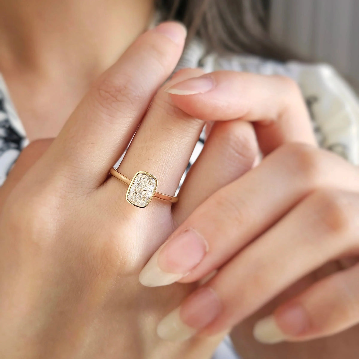 Solitaire Cathedral Bezel-1.55 CT Elongated Cushion Lab Grown Diamond Engagement Ring
