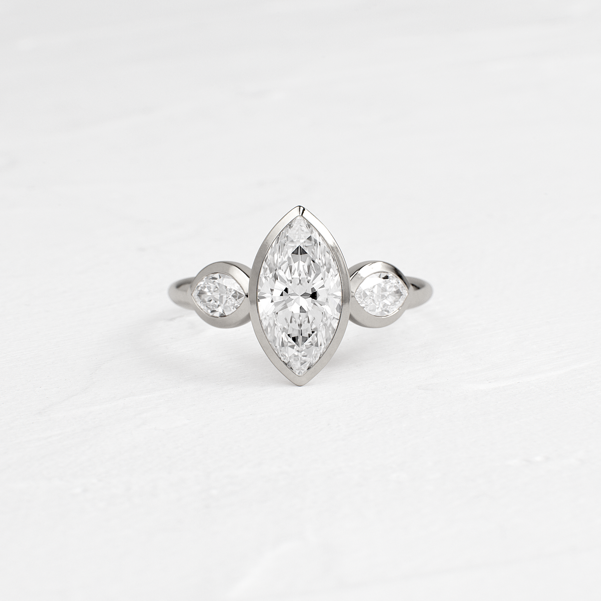 Three Stone & Bezel- Marquise Lab Grown Diamond Engagement Ring