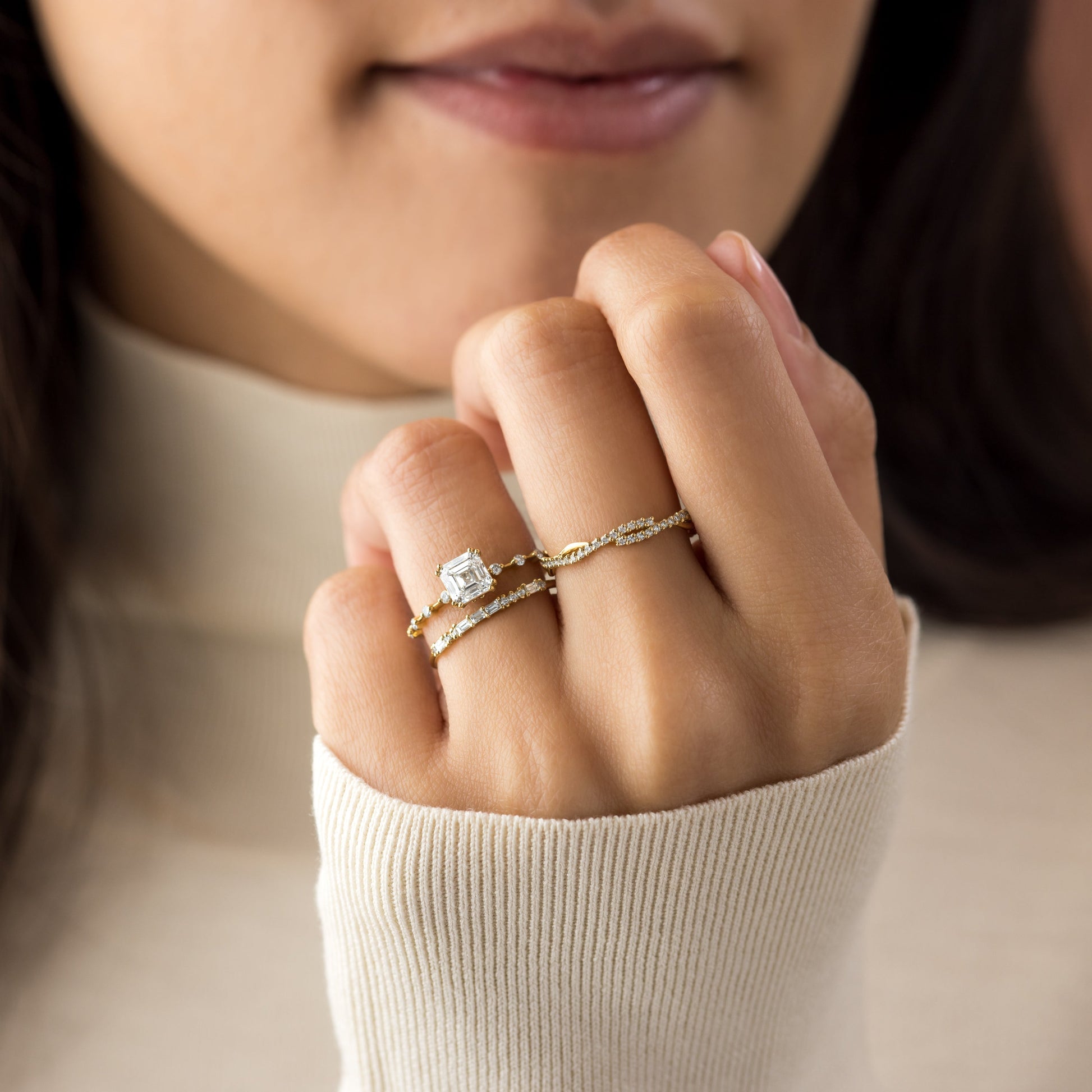 Dainty Pave-Asscher Lab Grown Diamond Engagement Ring