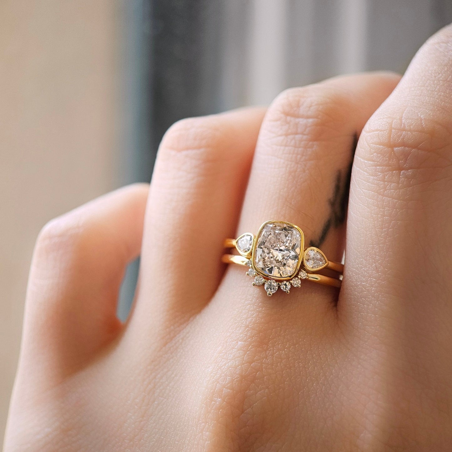 Three Stone & Bezel-1.6 CT Elongated Cushion Lab Grown Diamond Engagement Ring