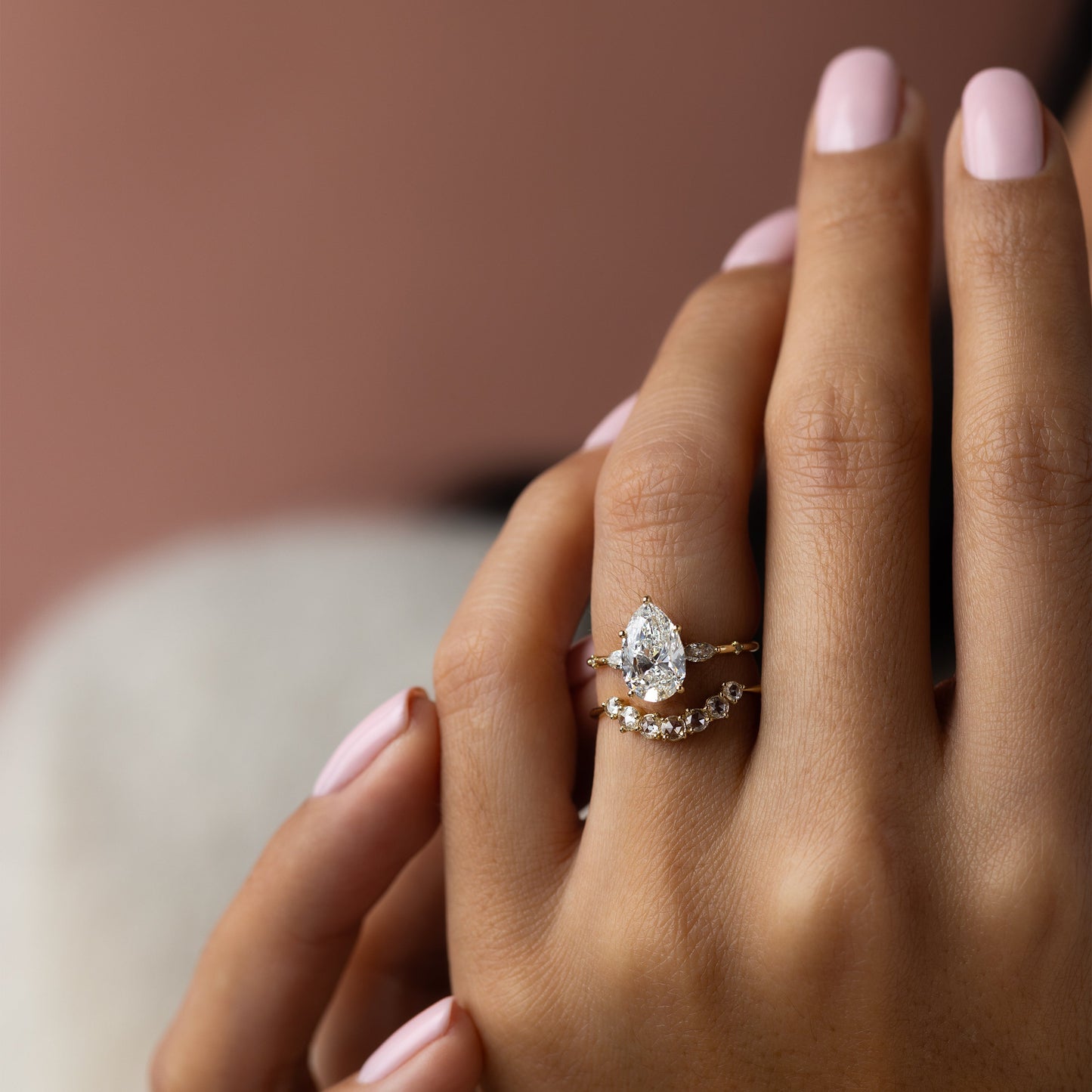 Three Stone Dainty Pave-Pear Lab Grown Diamond Engagement Ring