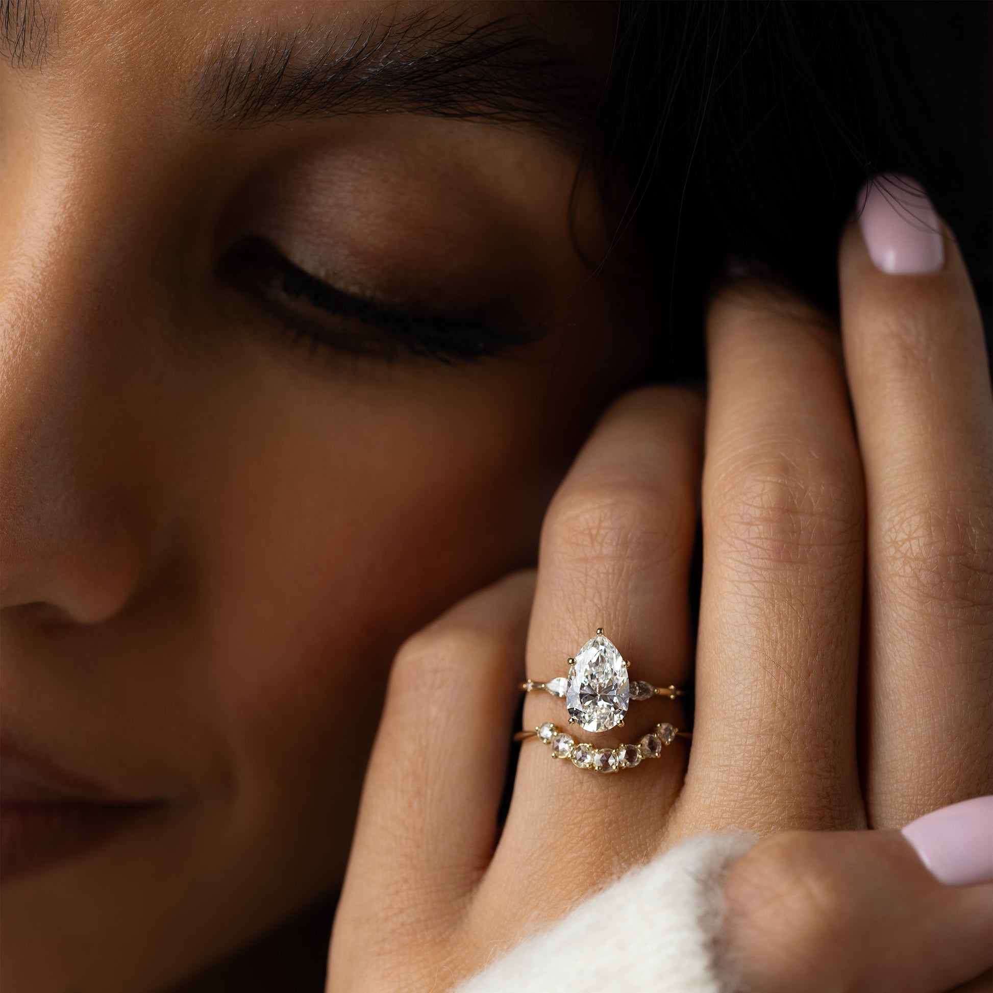 Three Stone Dainty Pave-Pear Lab Grown Diamond Engagement Ring