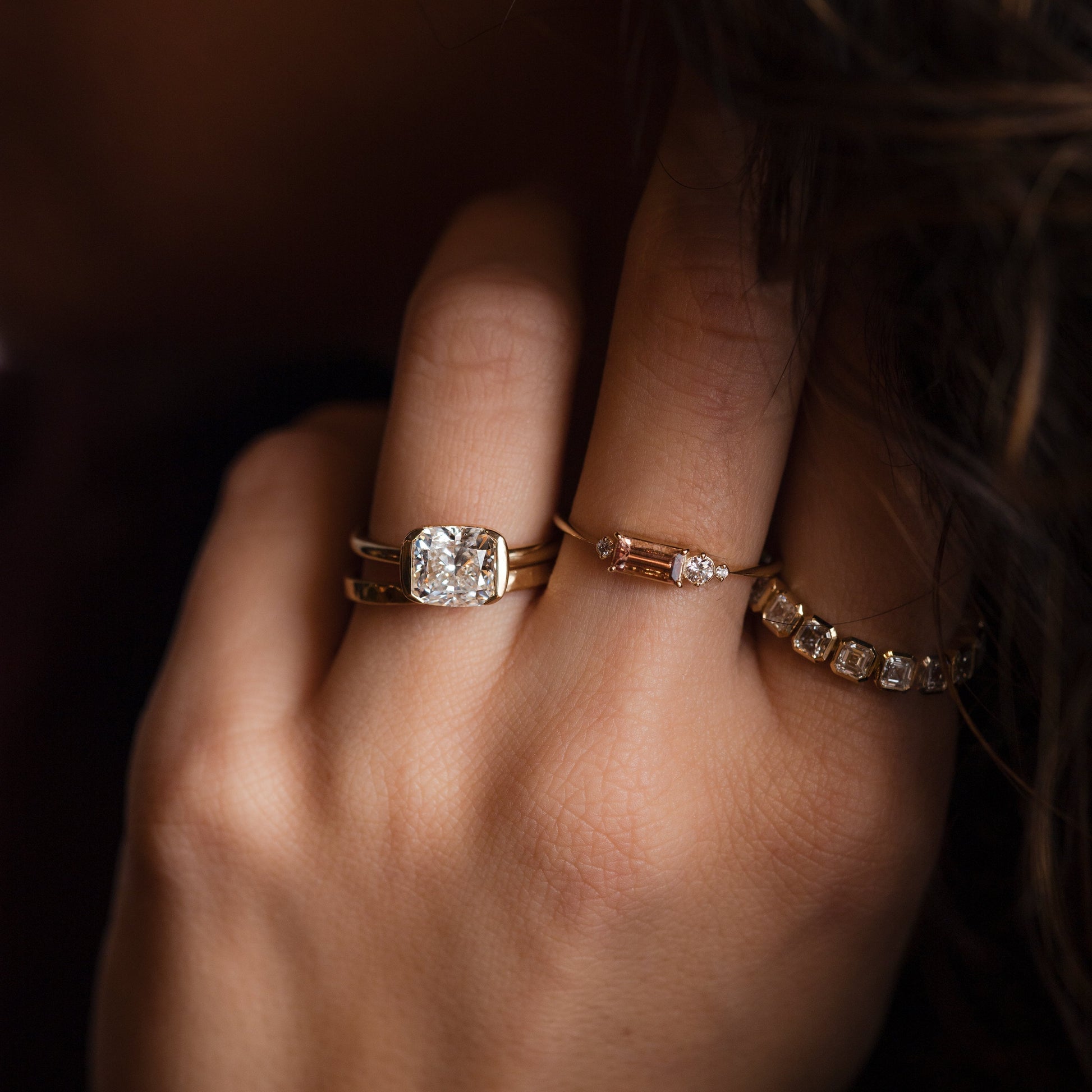 Half Bezel & East West-Elongated Cushion Lab Grown Diamond Engagement Ring