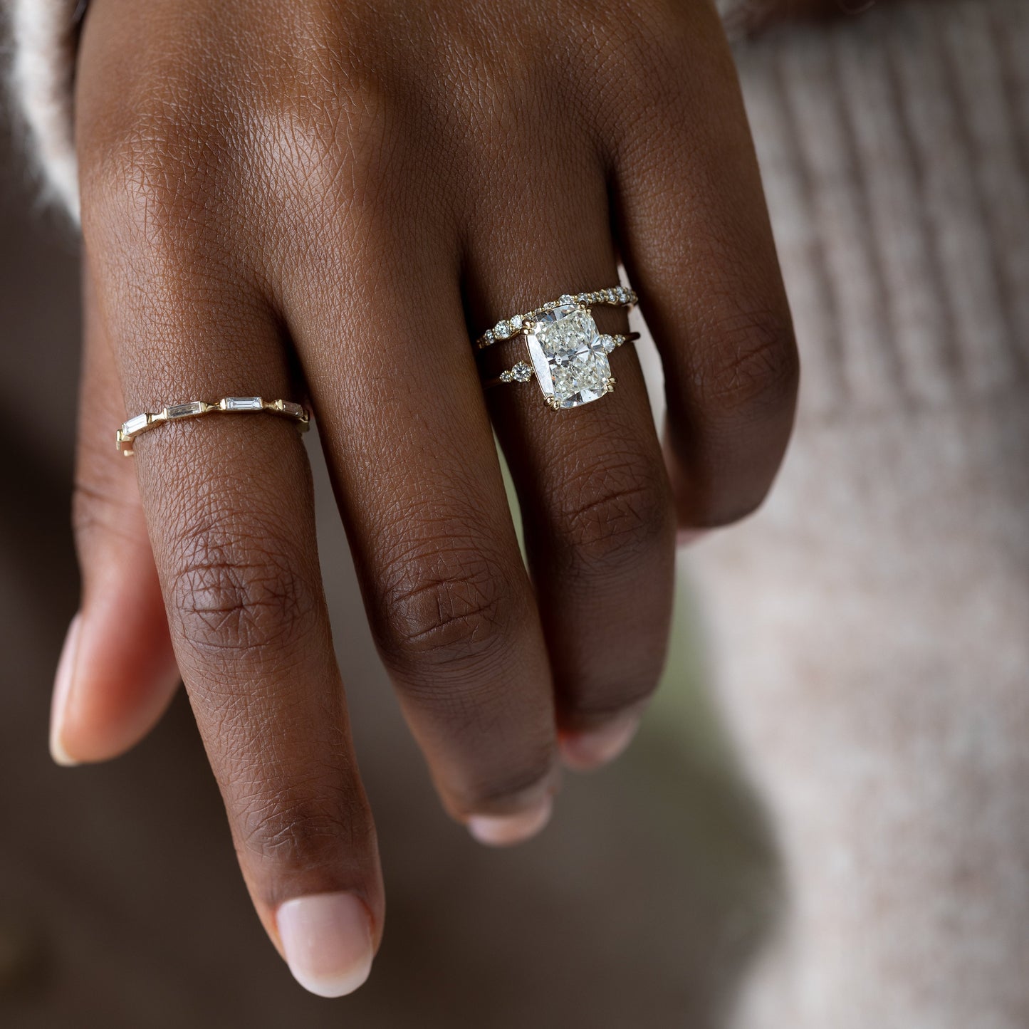 Cluster & Double Prong-Elongated Cushion Lab Grown Diamond Engagement Ring