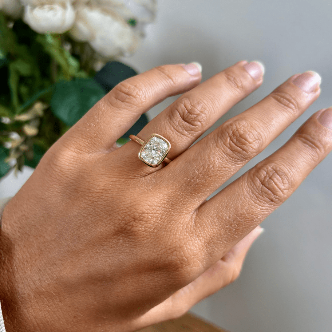 Solitaire Bezel-Elongated Cushion Lab Grown Diamond Engagement Ring