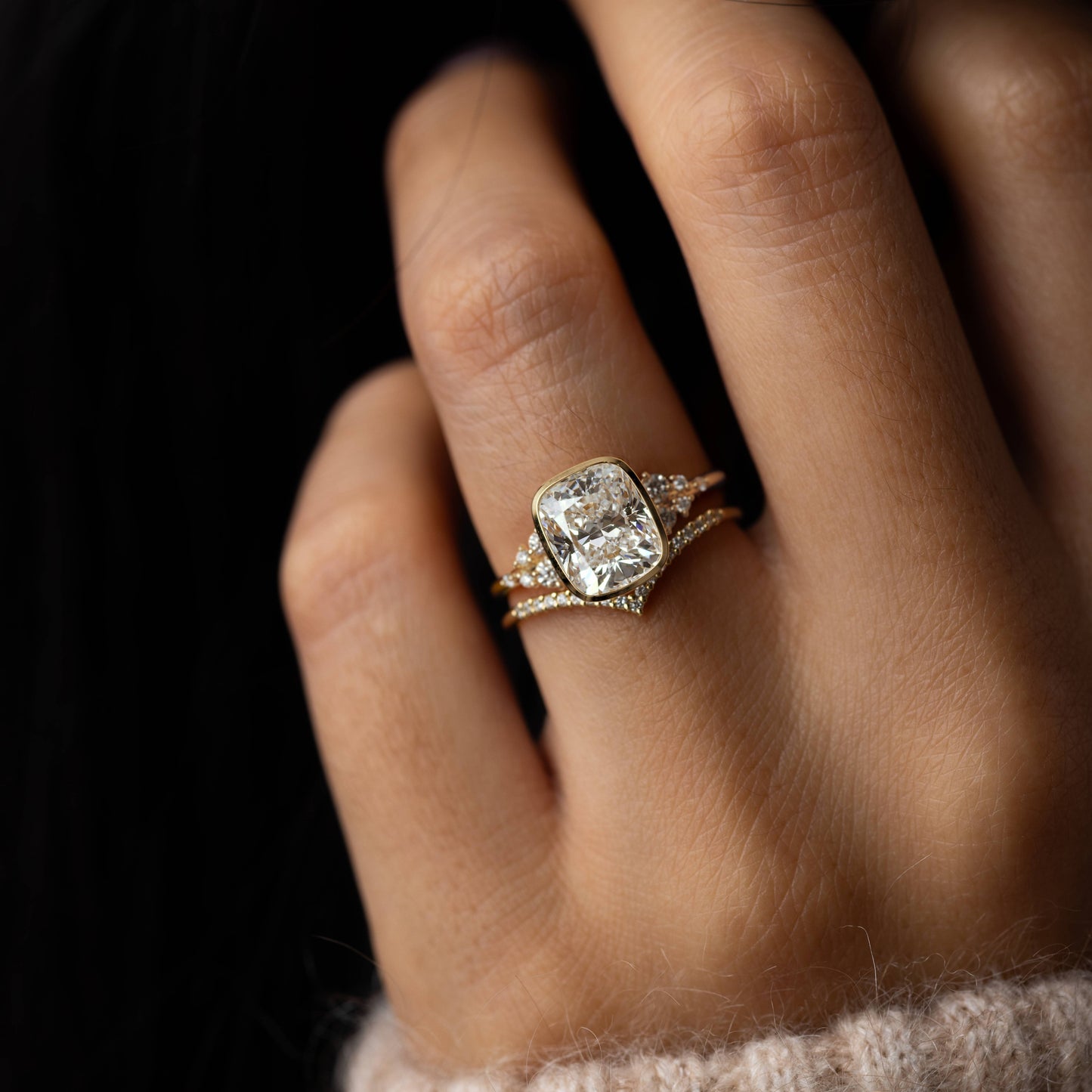 Cluster & Bezel-Elongated Cushion Lab Grown Diamond Engagement Ring