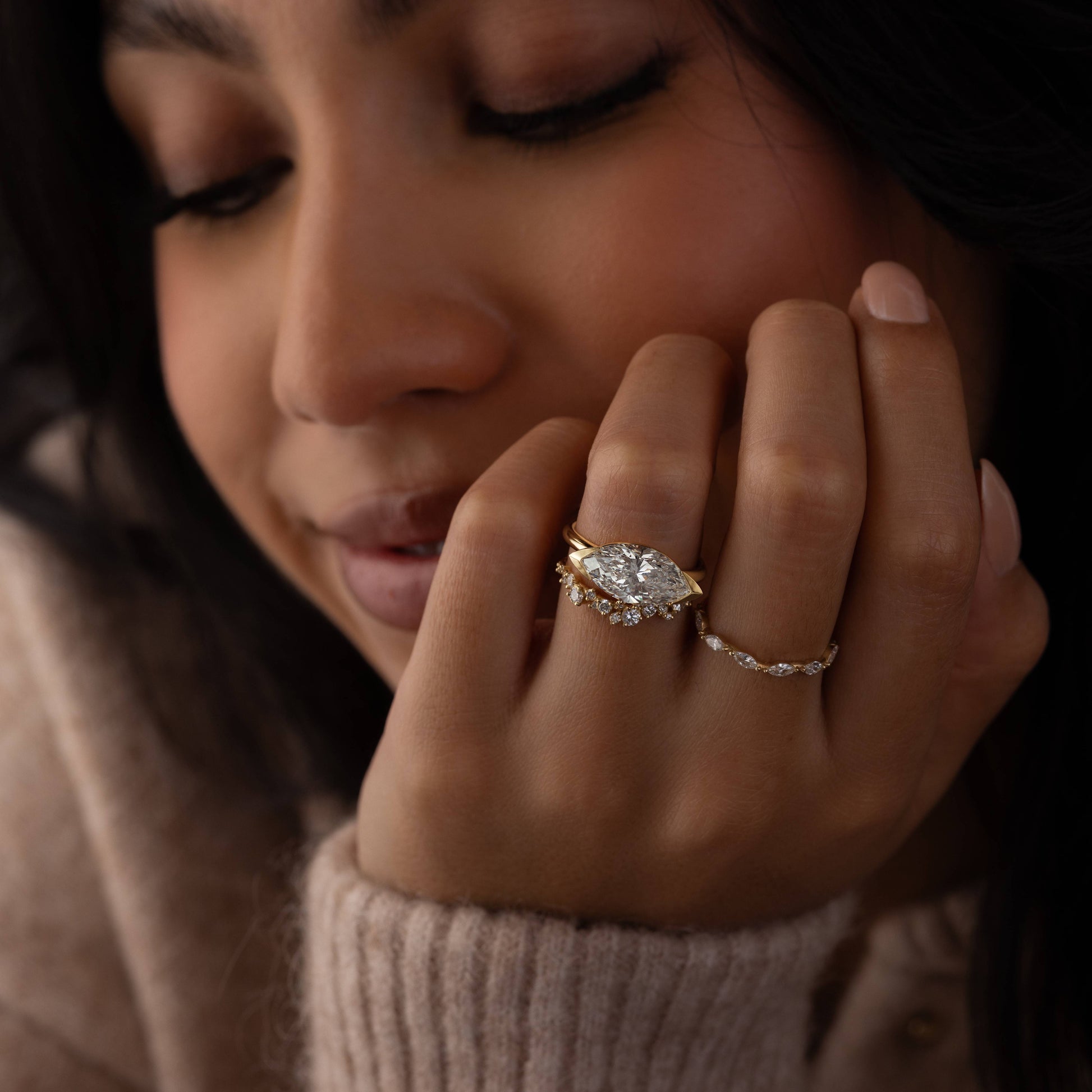 East West Solitaire Half Bezel-Marquise Lab Grown Diamond Engagement Ring