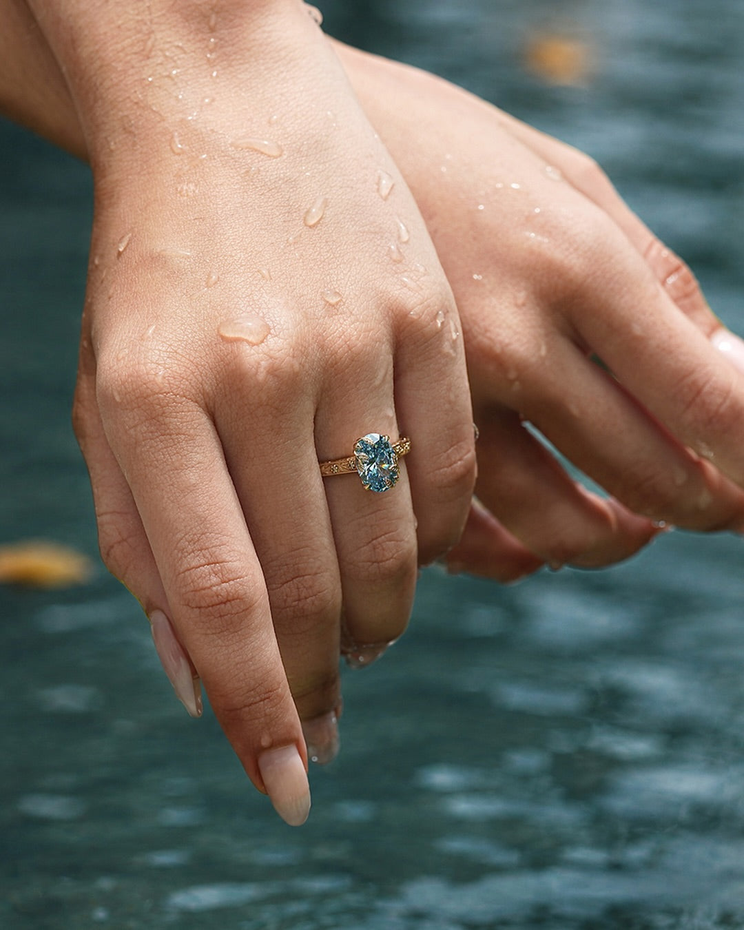 Nature Inspired-2.0 CT Blue Oval Lab Grown Diamond Engagement Ring
